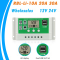 PWM Solar Charge and Discharge Controller 10A 20A 30A 24V 12V Auto LCD Dual USB Lithium Solar Collector Regulator Wholesale