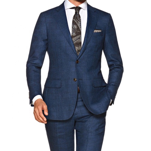 Slim Fit Blue Woolen Suit with Plaid Pattern