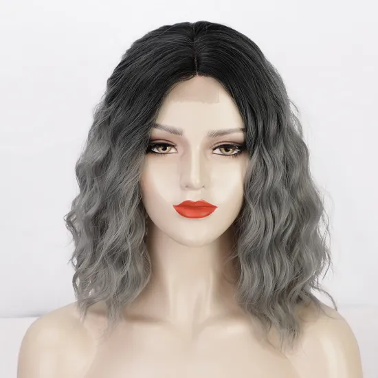 Shoulder Length Cheapest Top Quality Wholesale Glueless Bob Curly Wave Short Ombre Grey Synthetic U Part Lace Front Wig