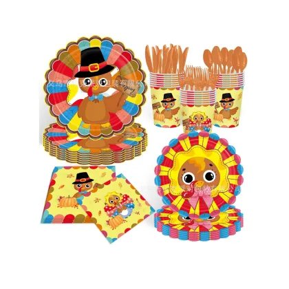 140pcs Turkey Party Theme Disposable Paper Plates & Napkins - Thanksgiving Tableware Set