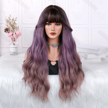Ainizi 28 Inches Elastic Net Long Water Wave Haze Purple Synthetic Hair Wig with Bangs