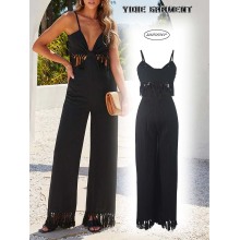 Black Tassel Fringes Open Back Wide Leg Jumpsuit