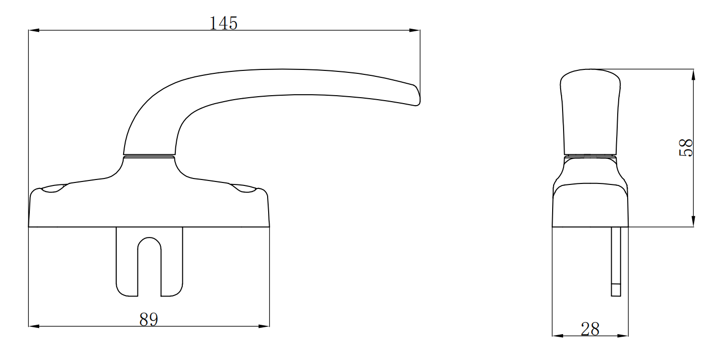 BC332 aluminum window handle technical drawing showing compact lever and mounting dimensions