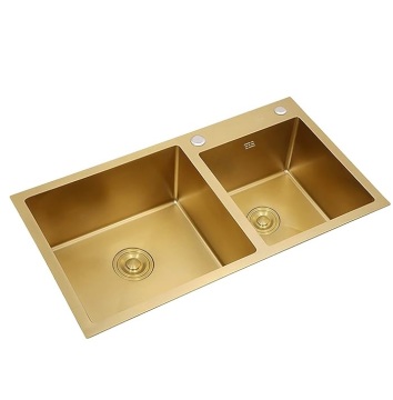 Handmade Custom Double Bowl Kitchen Sink: 304 Stainless Steel Nano-Coated Drop-in & Topmount Golden