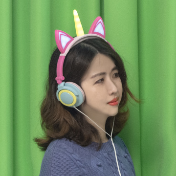 Fon Kepala Kucing Unicorn Stereo Berwayar dengan Led