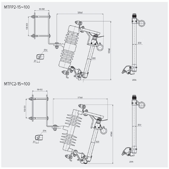 MTFP2 MTFC2 Series Fuse Cutout drawing