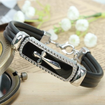 Religious Metal Alloy Cross Bracelet with leather cord, black enamel