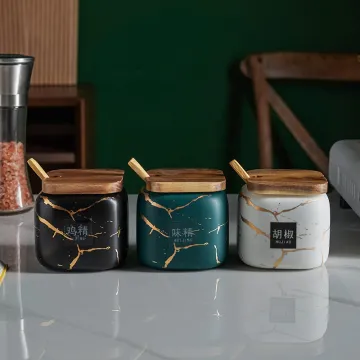 Ceramic Salt and Sugar Container Sets with Wooden Lids in Green, Black, White