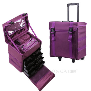 Travel nylon hairdresser rolling train case make-up box with abs drawers and clear extra bags