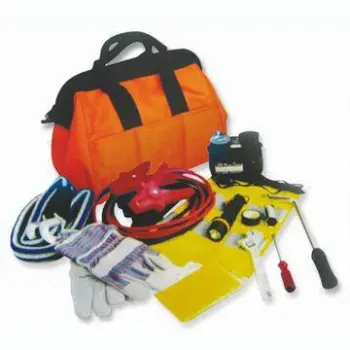 Car Emergency Kit with Fiber Bag, Cable Booster, Flashlight, Cotton Gloves, Safety Hammer and Wrench