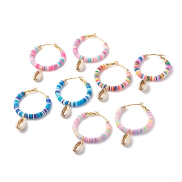 PandaHall Polymer Clay Heishi Beaded Big Ring Huggie Hoop Earrings with Cowrie Shell Dangle
