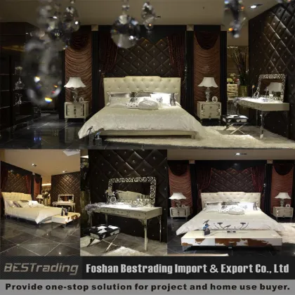 pearl white genuine leather double bed with crystal