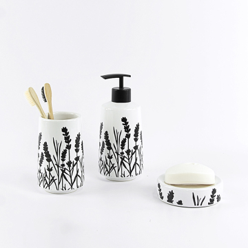 White Ceramic Bathroom Set with Hand-Drawn Black Botanical Patterns