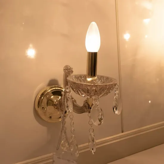 Traditional Single Gold Candle Wall Sconce with Amber Glass Dish and Crystal