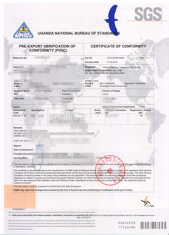 Certificated sachet tomato