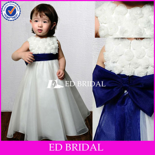 Vente en gros A-ligne Handwork Flower Applique Royal Blue Bow Organza Flower Girl Dress