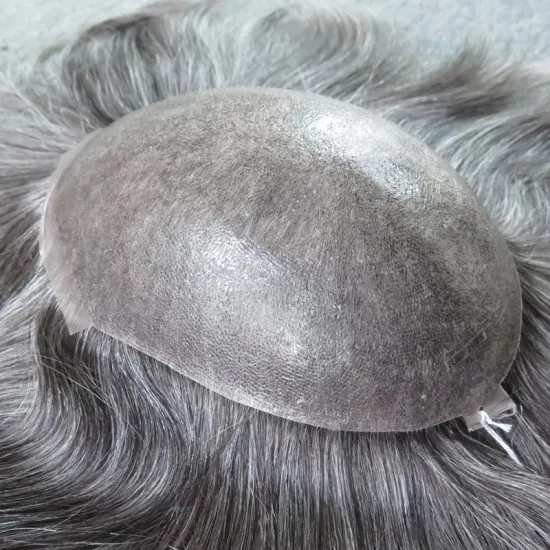 European Virgin Human Hair Toupee: Black with Grey for Men's Hair Loss, Size 7x9, Thin Skin Injection Hairpiece