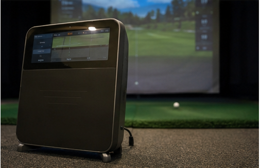 Launch monitor positioned beside an indoor golf simulator hitting area