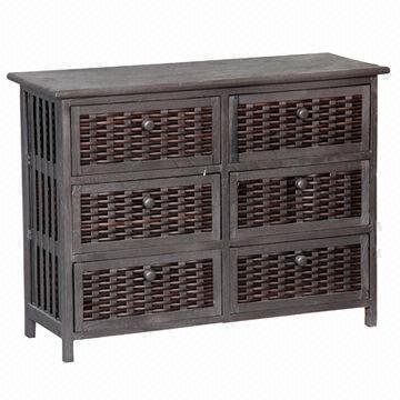 Wooden storage cabinet with straw basket
