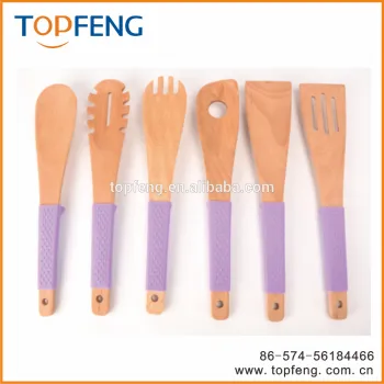 wooden kitchen tool set with silicone handle