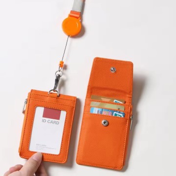 Quality Leather ID Card Holder with Retractable Badge Reel Lanyard