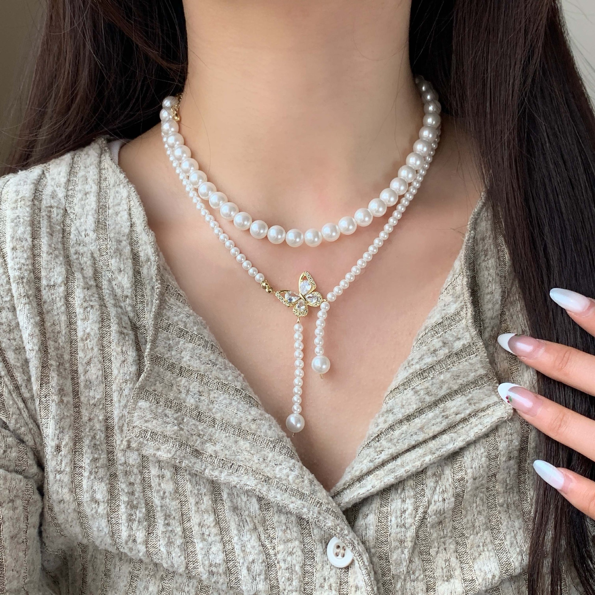 Butterfly Pearl Beads Necklace 18k Gold Plated Fashion