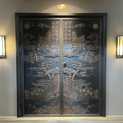 Exterior Double Main Door Carving Design: Armored Aluminum and Wood Doors