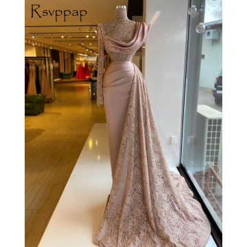 Long Evening Dresses 2020 Sexy Sheer Lace Long Sleeve High Neck Dusty Pink Dubai Women Formal Evening Party Gowns