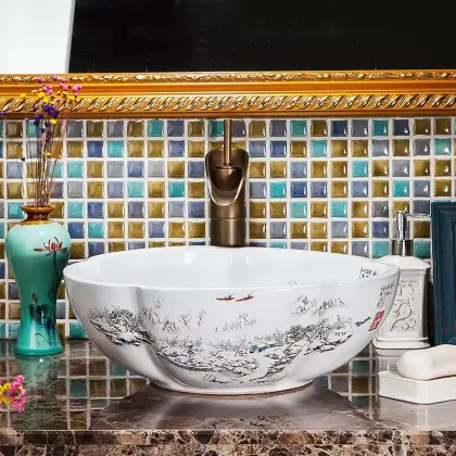 Chinese Style Ceramic Art Wash Basin - Flower Shape Hand Wash Basin