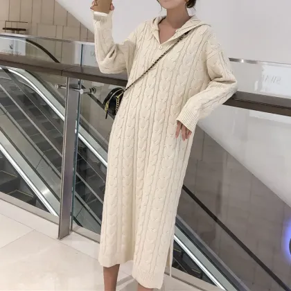 Cable knit long sweater dress