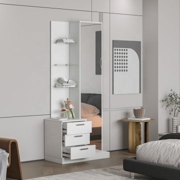 Minimalist White Drawer Cabinet with Dressing Mirror for Bedroom