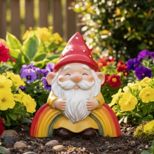 Classic Gnome Figurine with Polka Dot Hat, Colorful Rainbow Base, Indoor Outdoor Decorations, Cheerful Guardian for Garden Porch