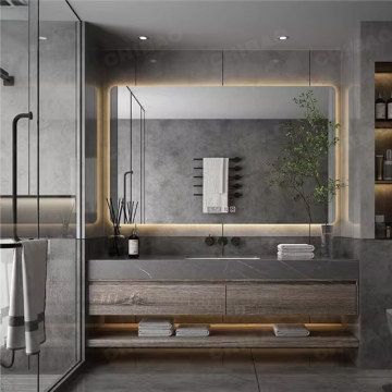 Customized Modern Bathroom Vanities with LED Mirrors and Slate Floating Cabinets