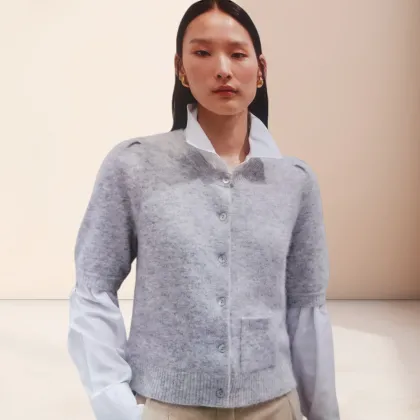 Short-Sleeved Light Grey Patchwork Knitted Cardigan