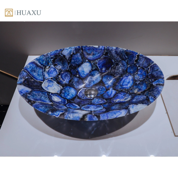 Blue Agate Vanity Top Wash Basin Sink - Huaxu Natural Gemstone Semi-Precious Stone Sink for Home Villa Hotel