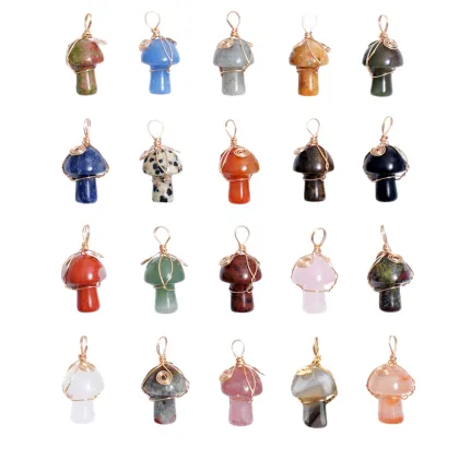 Natural Healing Stone Mushroom Pendant Necklace Gold Wire Wrapped Gemstone Quartz Mushroom Stone Pendants for Women Girl Jewelry