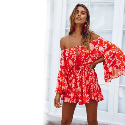 Hot Selling Bohemian Summer Dresses Women Printed Off Shoulder Ruffled Dress Jumpsuit Beach Vestidos
