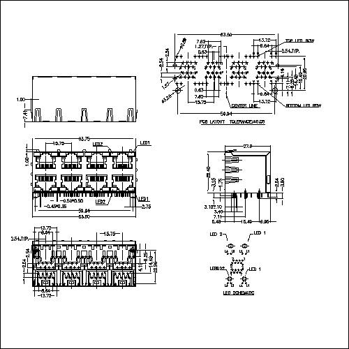 ATRJ5921-DBXXXE RJ45 CONNECTOR 2X4 PORT WITH LED EMI 8P8C SHIELD THRU-HOLE