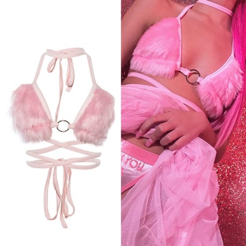 Sexy Women Fur Bras Pink Color Ladies Crop Top Ladies Underwear