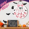 Hey Boo Pembe Hayalet Ahşap Kapı Askısı