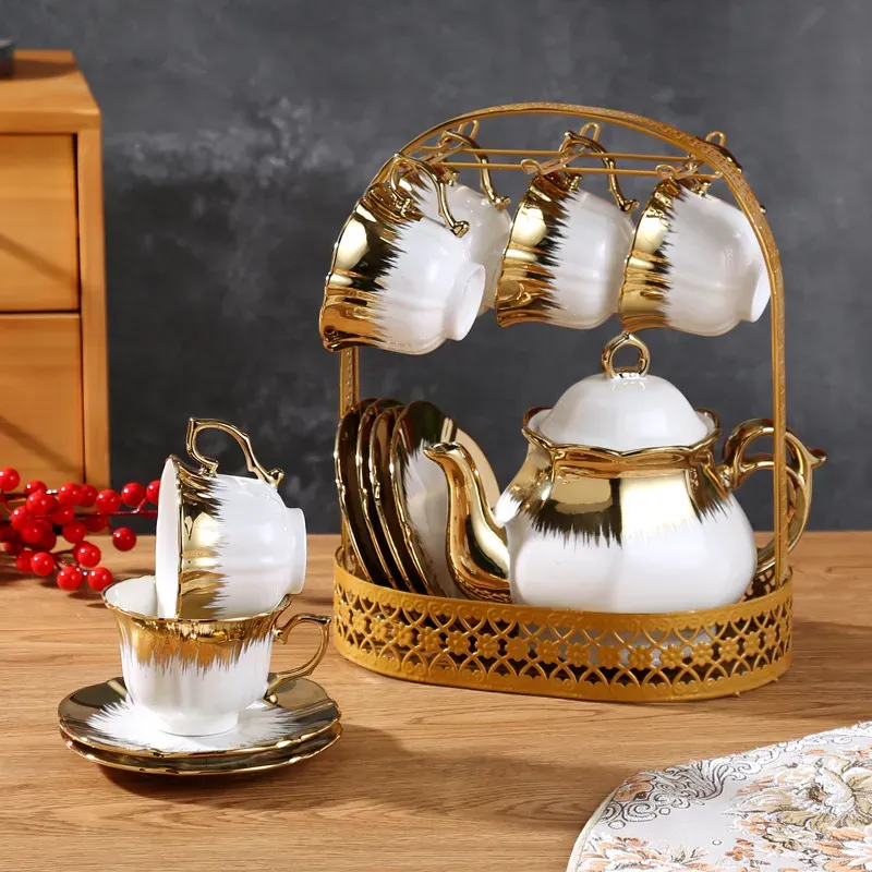 Luxury Porcelain Tea Set with Metal Holder