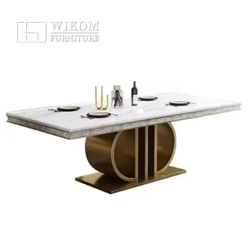 Marble Rectangular Dinner Table with Stainless Steel Base for Luxury Dining Rooms and Weddings