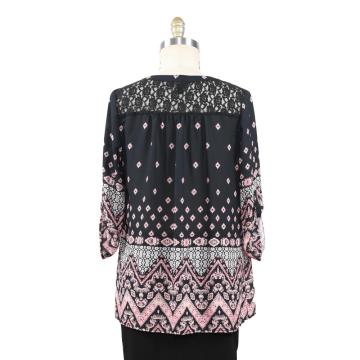 Vrouwen Border Print Lace ingevoegde blouse