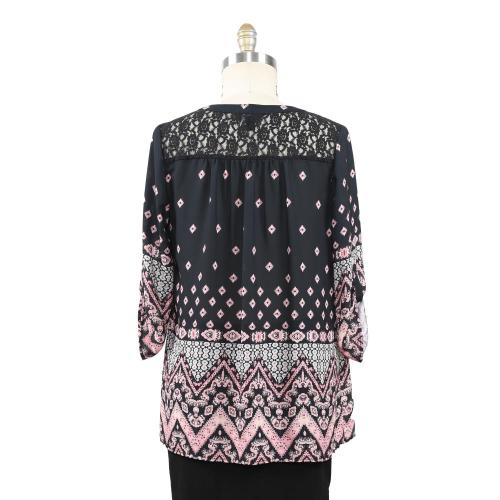 Frauen Border Print Lace Inserted Bluse
