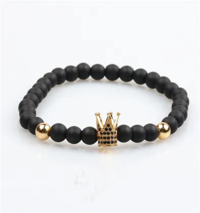 fashion jewelry 2017 8mm natural black agate lucky stone bead bracelet CZ crown bracelet