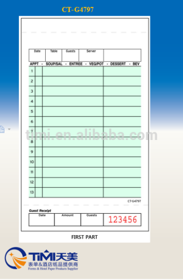 CT-G4797 custom carbonless guest check ,restaurant docket book,waiter docket book