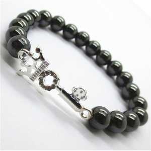 Hematite 8MM Round Beads Stretch Gemstone Bracelet with alloy key Piece