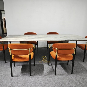 Italian Style Leather Velvet Dining Chairs with Curved Armrests - 6 Piece Dining Set