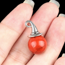 Red Jasper 12mm Balls & Spheres Silver Wizard Cap Pendant for Making Jewlery Stone Beads Halloween Charms Decor Gift