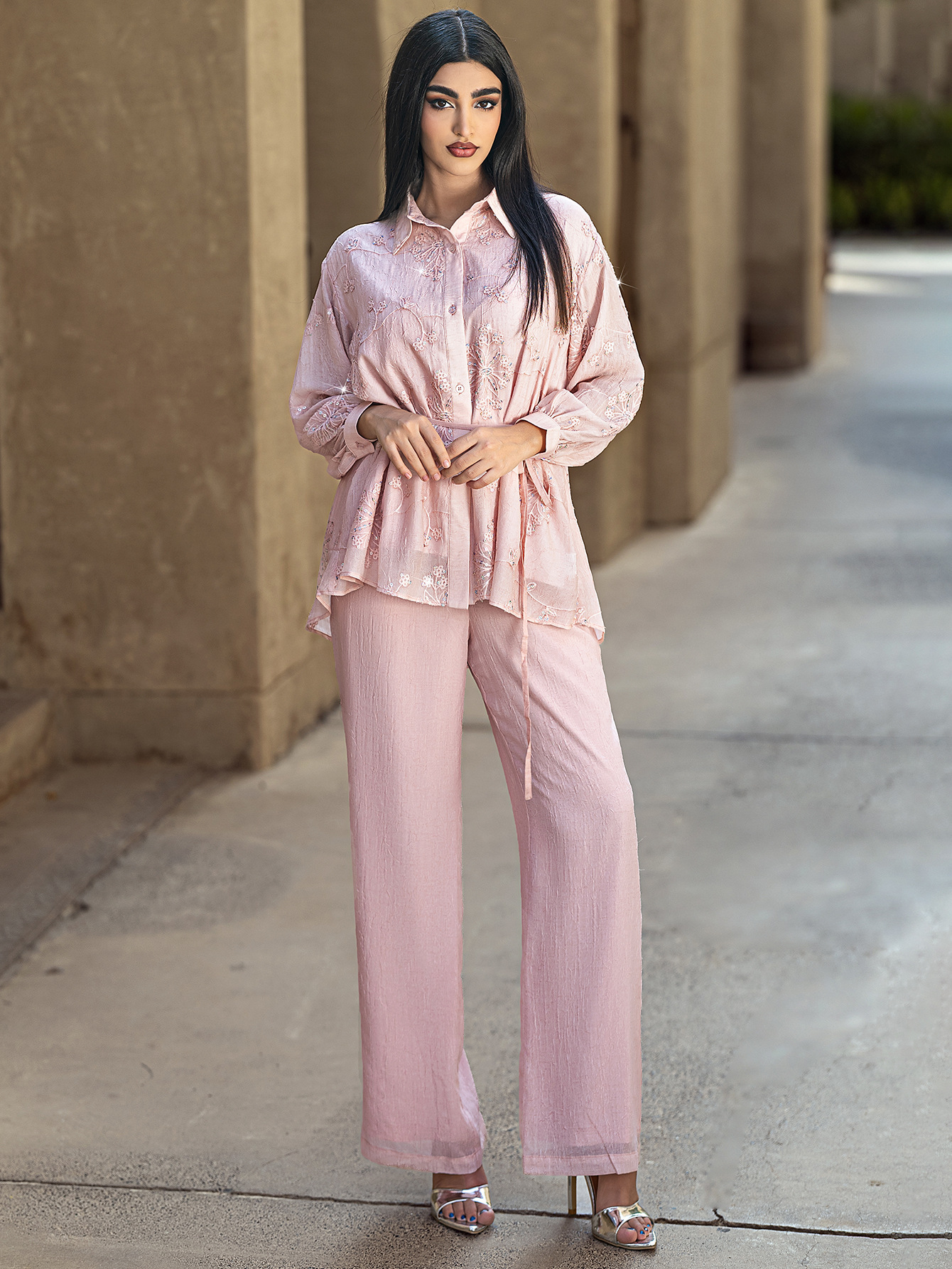 Sequin Embroidery Waist Tie Wide Leg Pants Set Detail